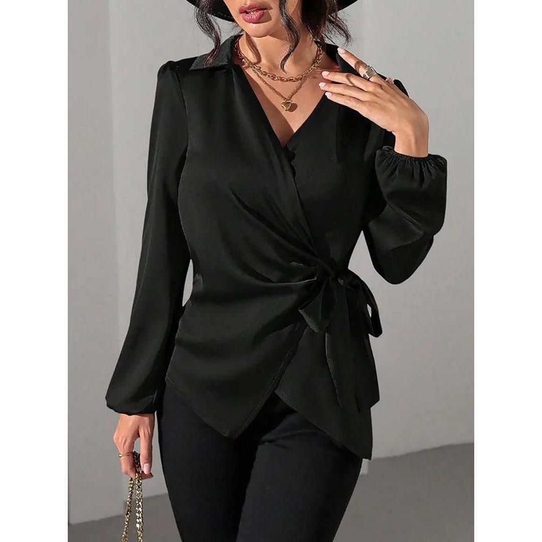 Women Blouse Solid Color Wrap Front Long Sleeve