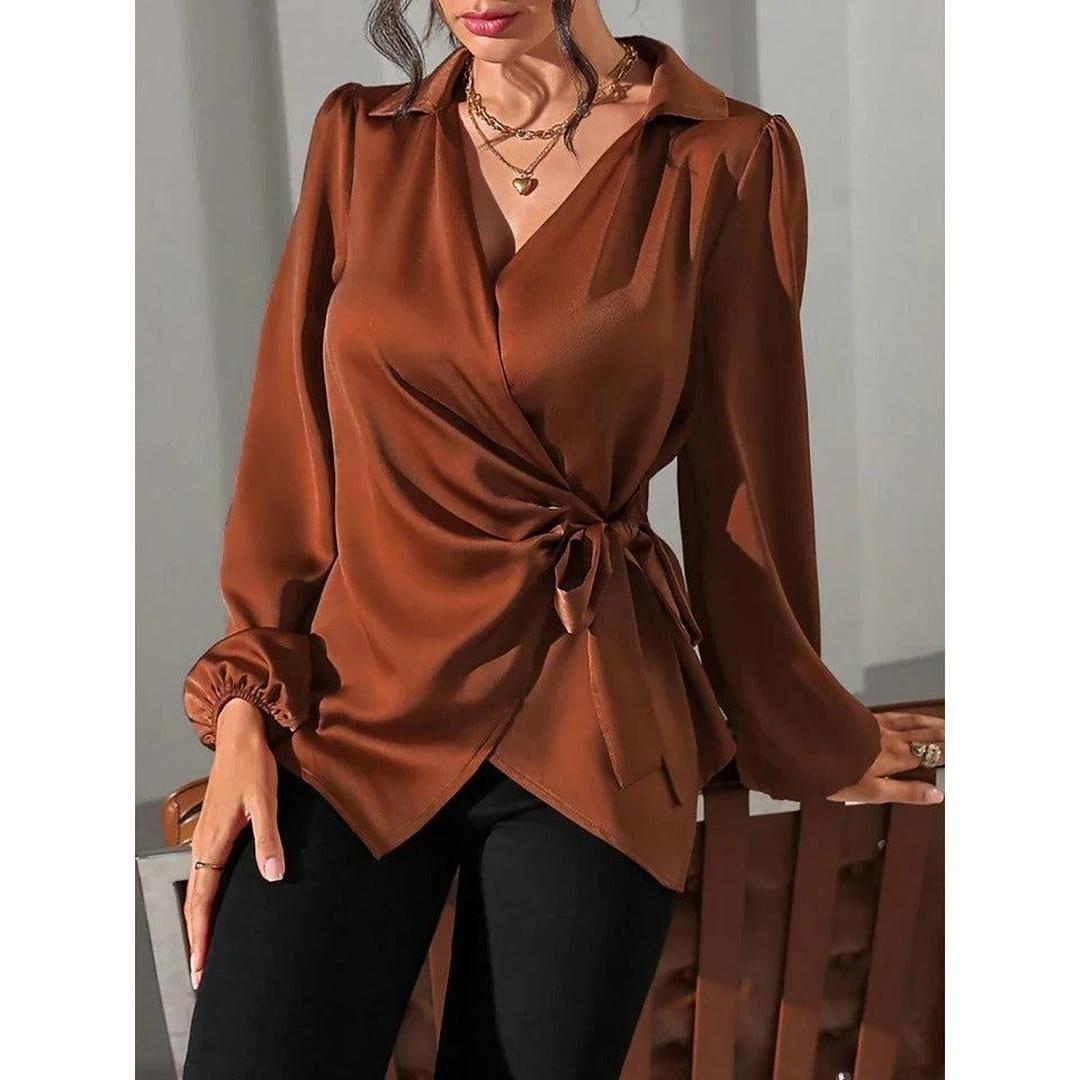 Women Blouse Solid Color Wrap Front Long Sleeve