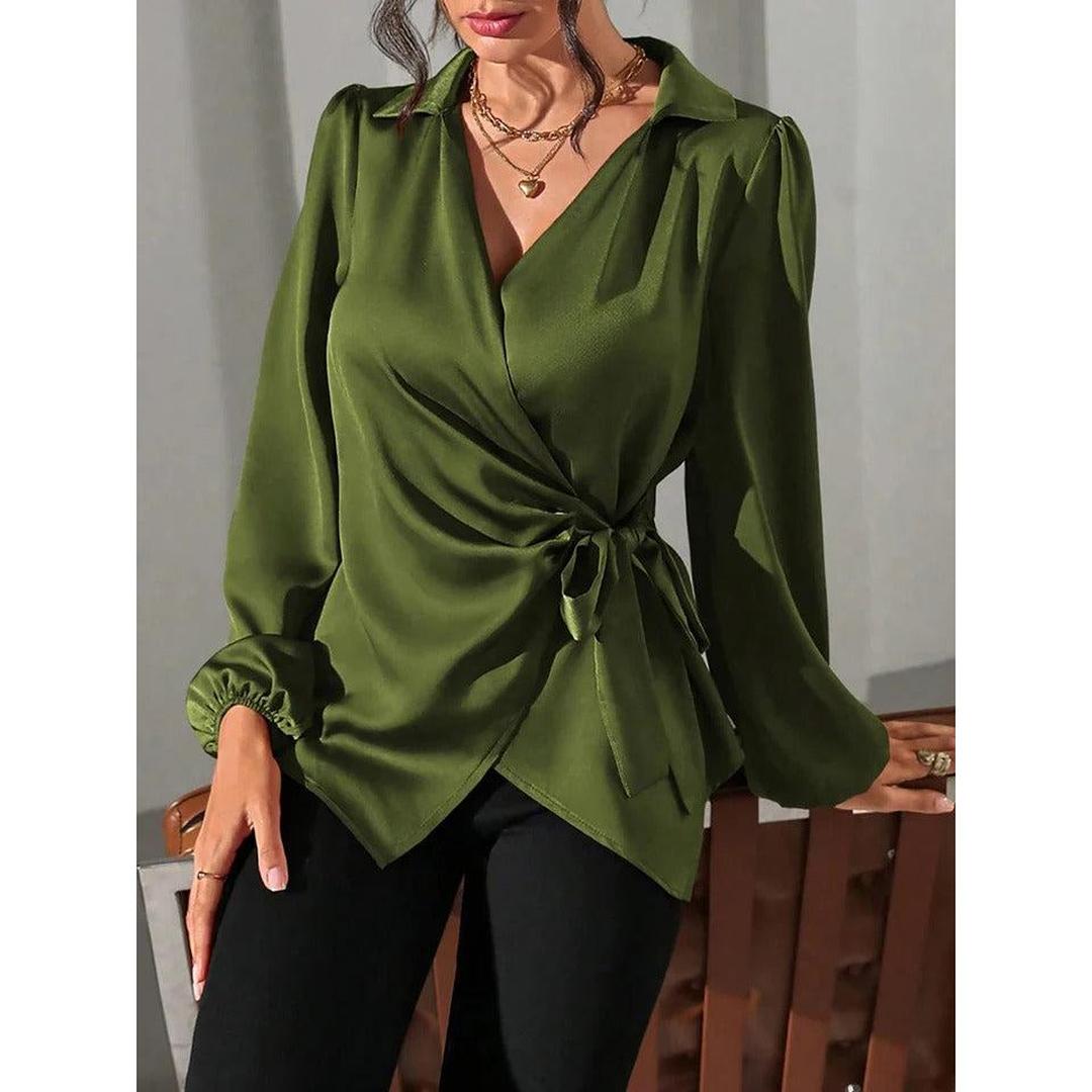 Women Blouse Solid Color Wrap Front Long Sleeve