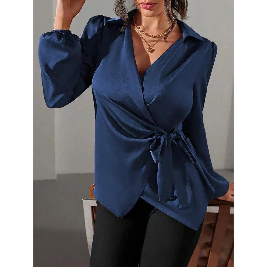 Women Blouse Solid Color Wrap Front Long Sleeve