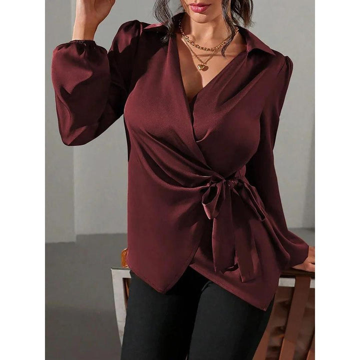 Women Blouse Solid Color Wrap Front Long Sleeve