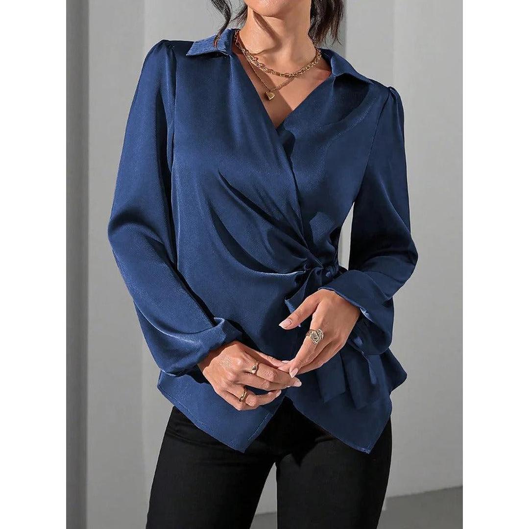 Women Blouse Solid Color Wrap Front Long Sleeve