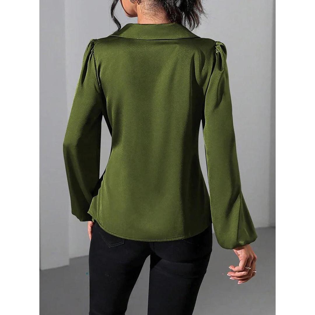 Women Blouse Solid Color Wrap Front Long Sleeve
