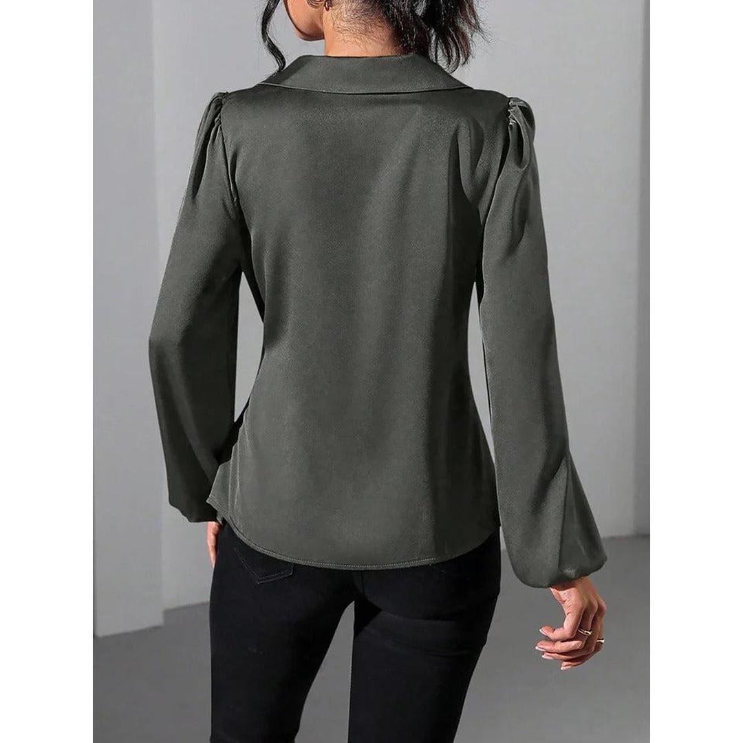 Women Blouse Solid Color Wrap Front Long Sleeve