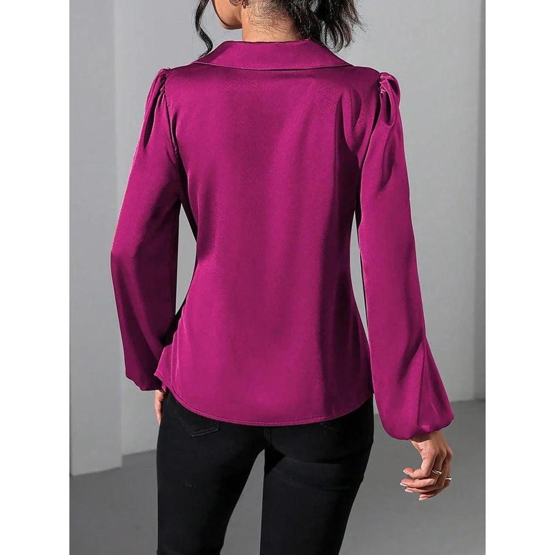 Women Blouse Solid Color Wrap Front Long Sleeve