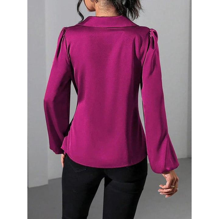 Women Blouse Solid Color Wrap Front Long Sleeve