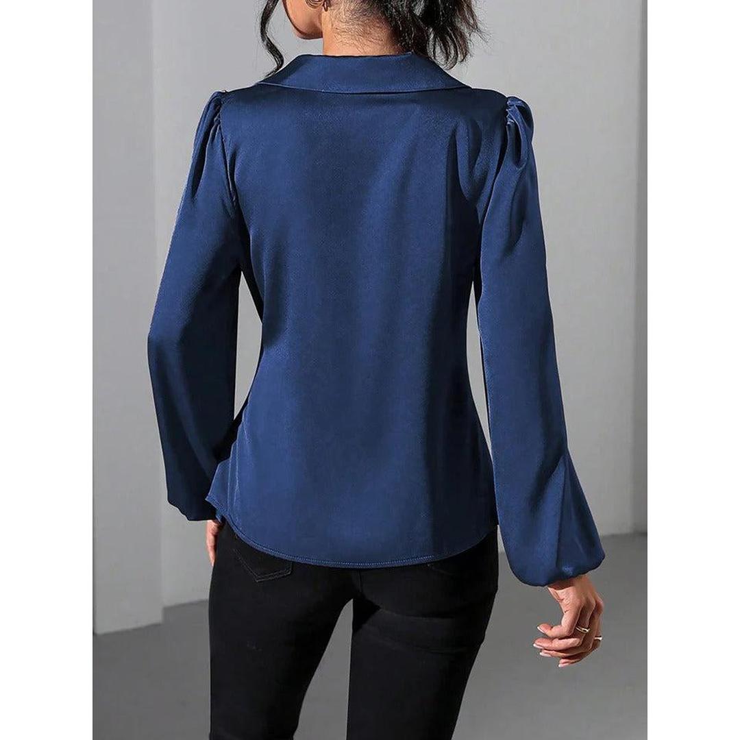Women Blouse Solid Color Wrap Front Long Sleeve