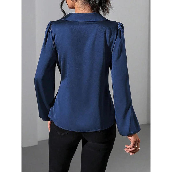 Women Blouse Solid Color Wrap Front Long Sleeve