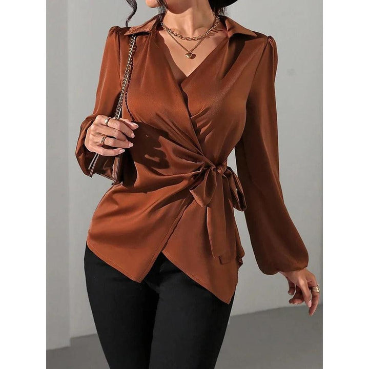Women Blouse Solid Color Wrap Front Long Sleeve