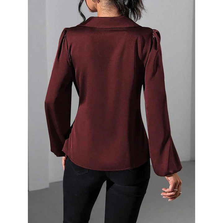 Women Blouse Solid Color Wrap Front Long Sleeve