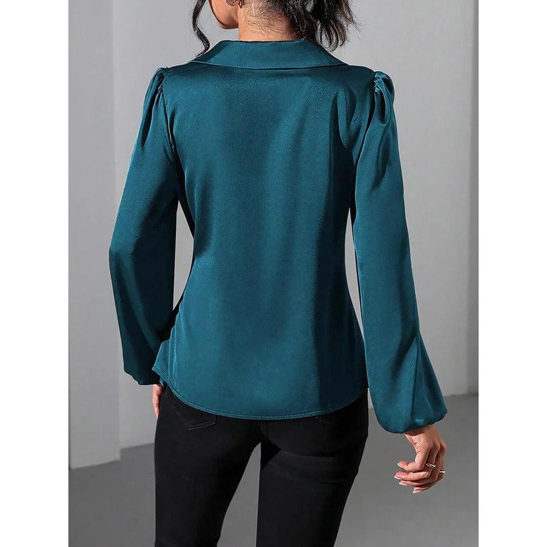 Women Blouse Solid Color Wrap Front Long Sleeve