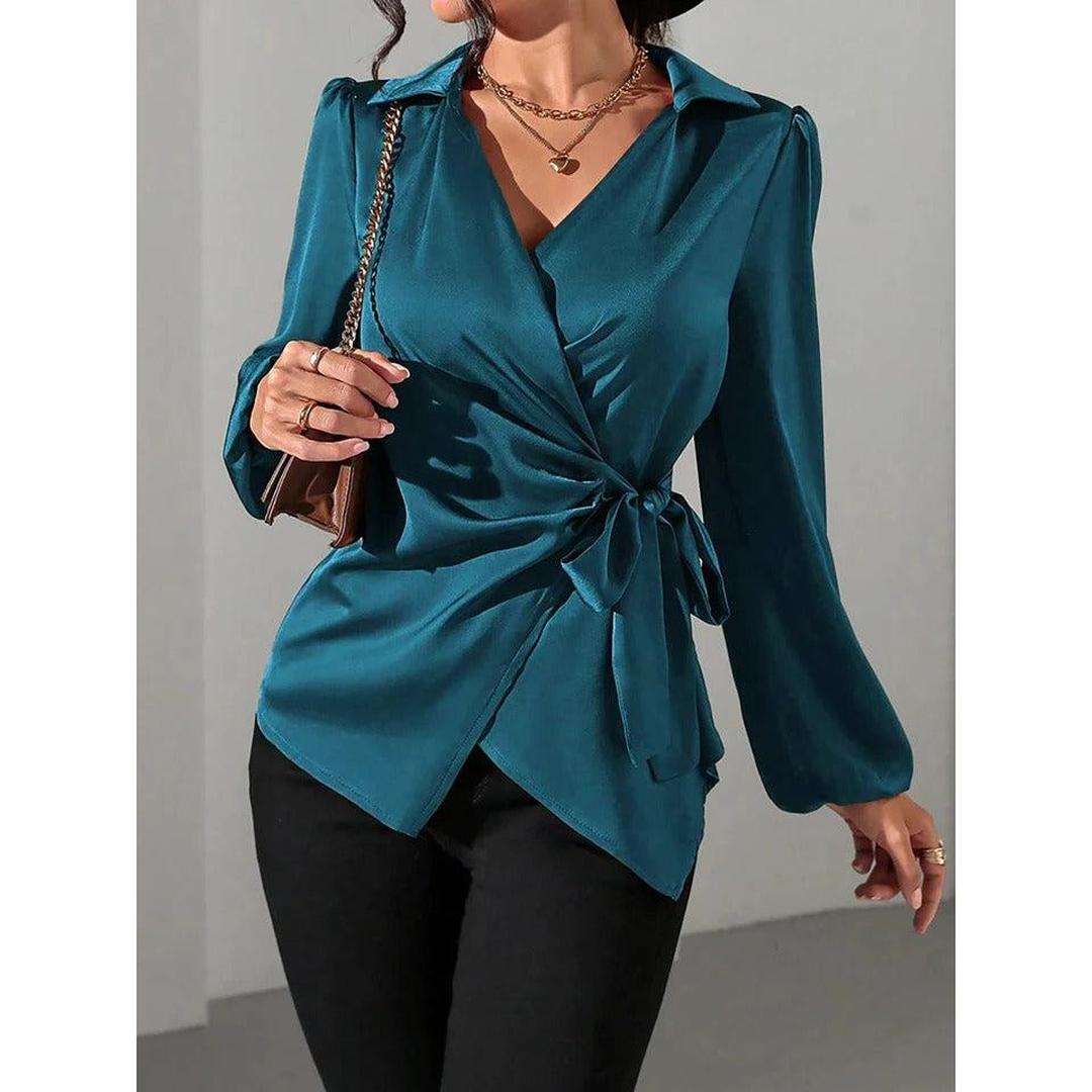 Women Blouse Solid Color Wrap Front Long Sleeve