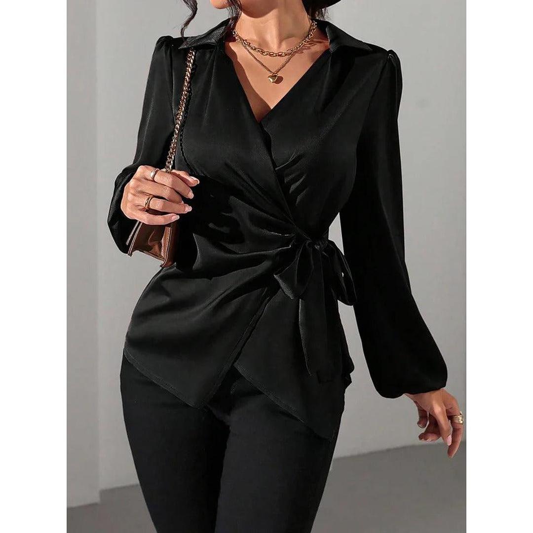 Women Blouse Solid Color Wrap Front Long Sleeve
