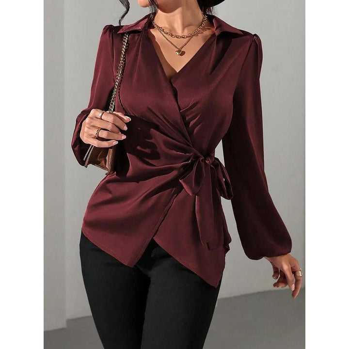 Women Blouse Solid Color Wrap Front Long Sleeve