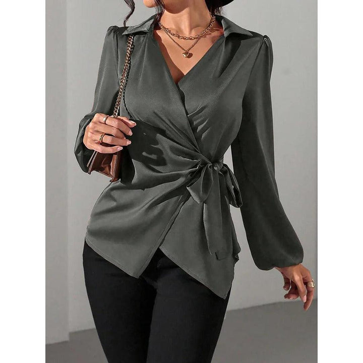 Women Blouse Solid Color Wrap Front Long Sleeve