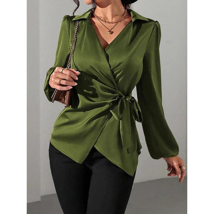 Women Blouse Solid Color Wrap Front Long Sleeve