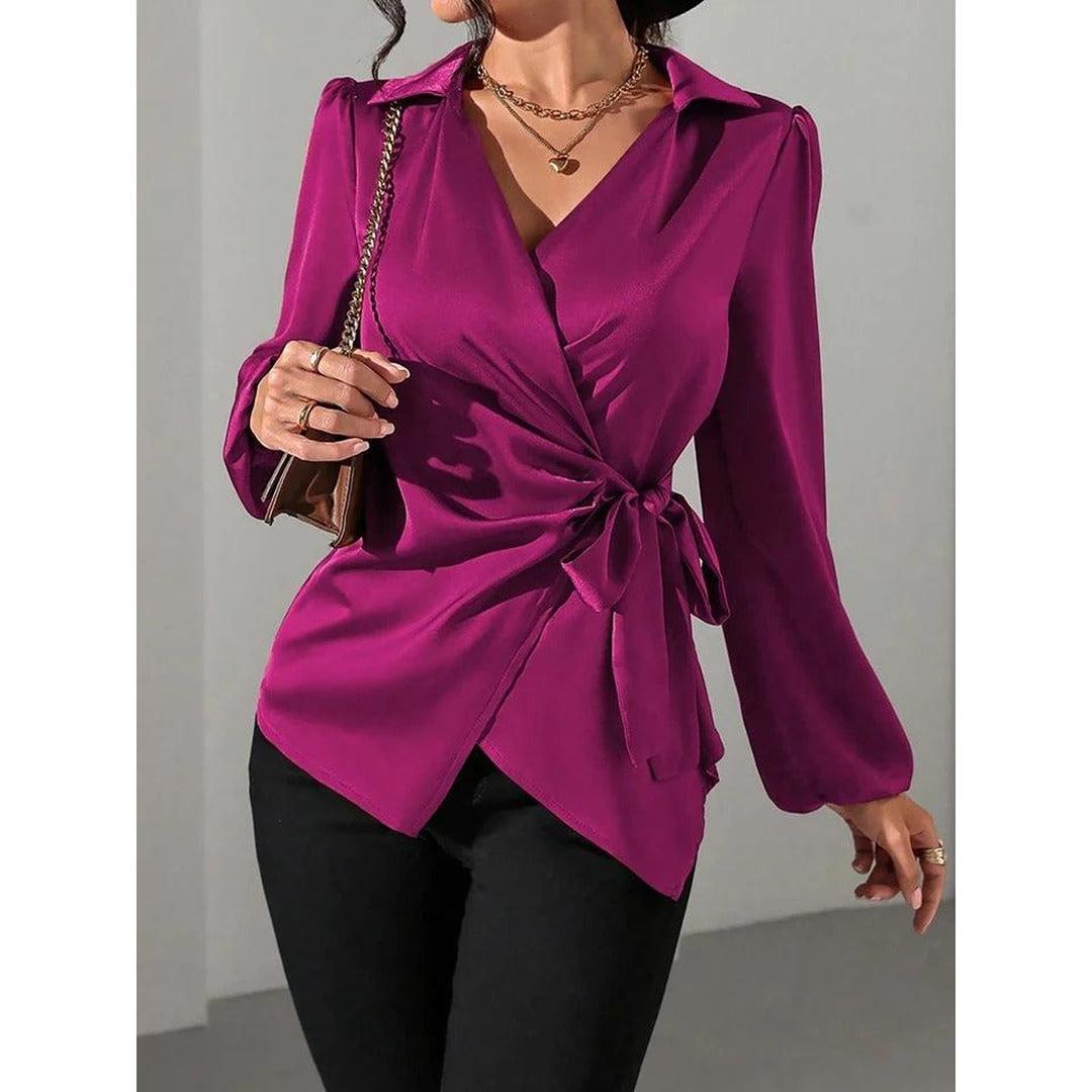 Women Blouse Solid Color Wrap Front Long Sleeve