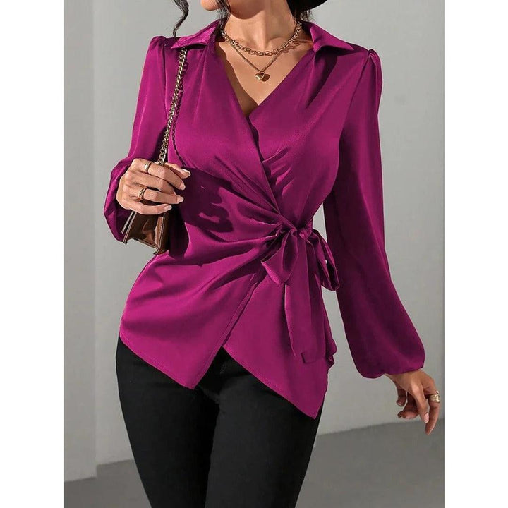 Women Blouse Solid Color Wrap Front Long Sleeve