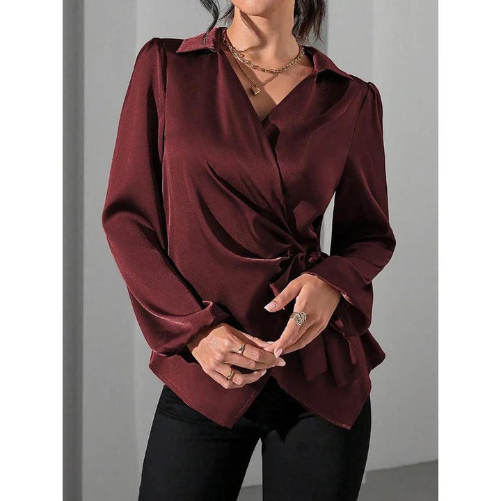 Women Blouse Solid Color Wrap Front Long Sleeve