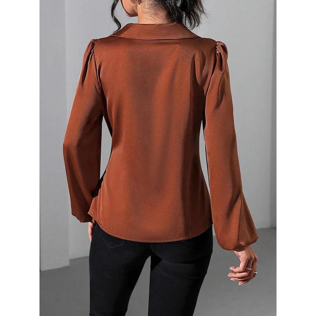 Women Blouse Solid Color Wrap Front Long Sleeve