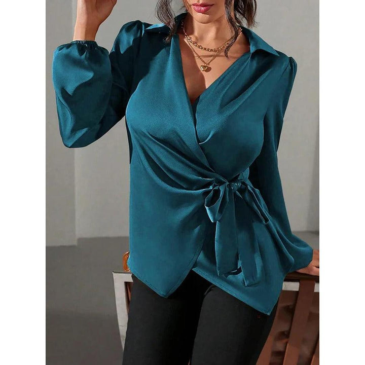 Women Blouse Solid Color Wrap Front Long Sleeve