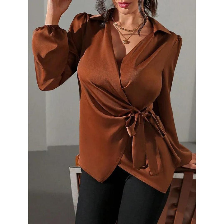 Women Blouse Solid Color Wrap Front Long Sleeve