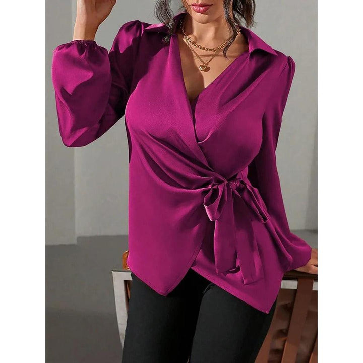 Women Blouse Solid Color Wrap Front Long Sleeve