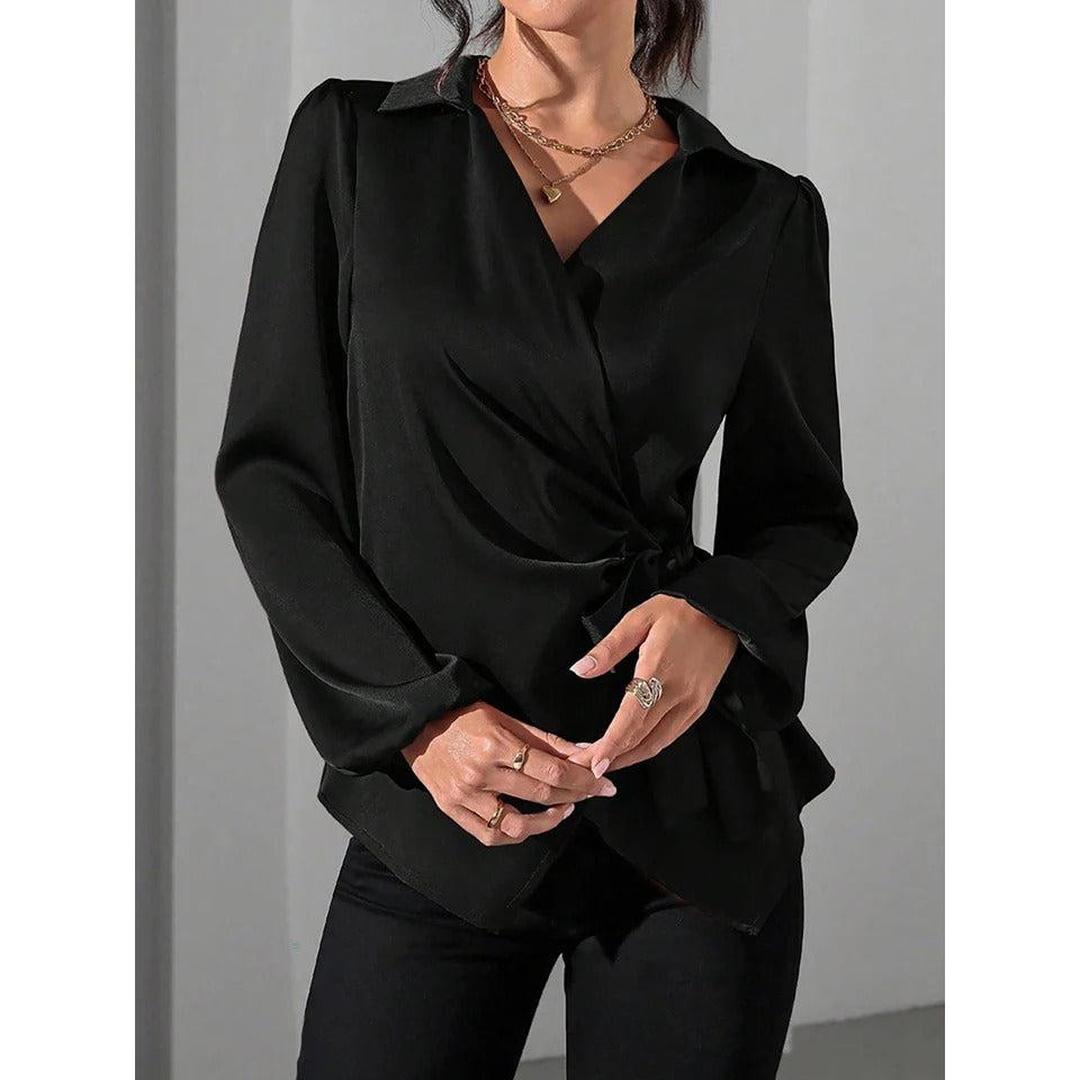 Women Blouse Solid Color Wrap Front Long Sleeve