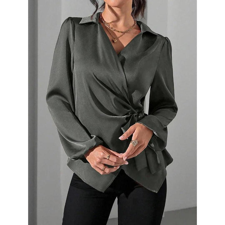 Women Blouse Solid Color Wrap Front Long Sleeve