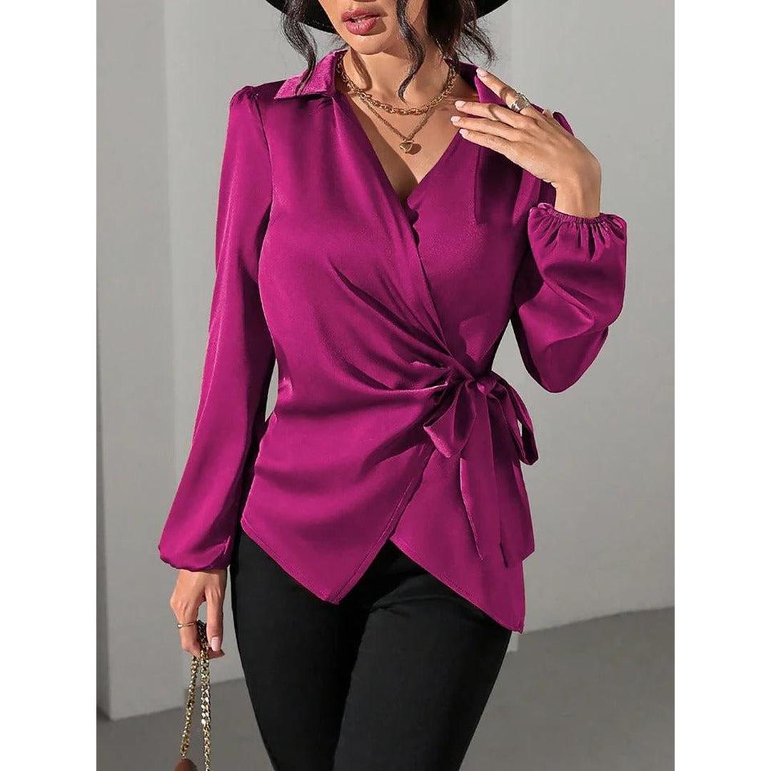 Women Blouse Solid Color Wrap Front Long Sleeve