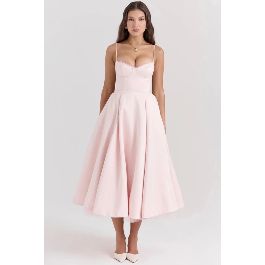 Women Corset Midi Dress Pleated Skirt