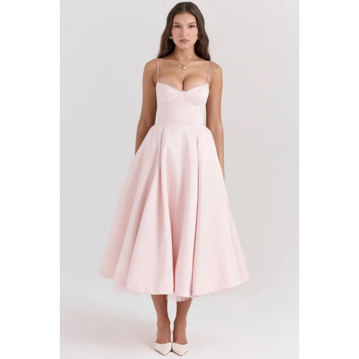 Women Corset Midi Dress Pleated Skirt