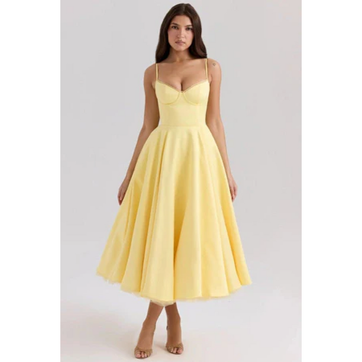 Women Corset Midi Dress Pleated Skirt