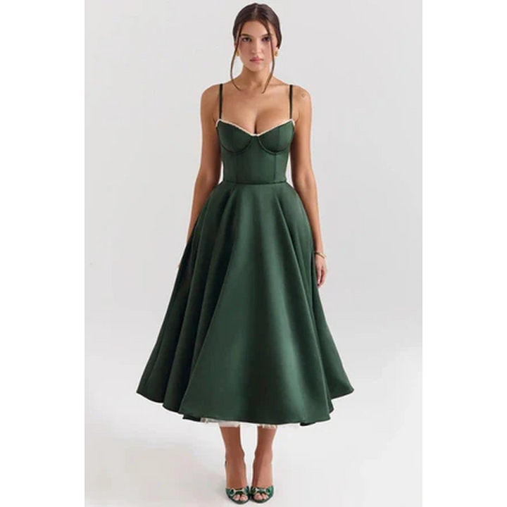 Women Corset Midi Dress Pleated Skirt