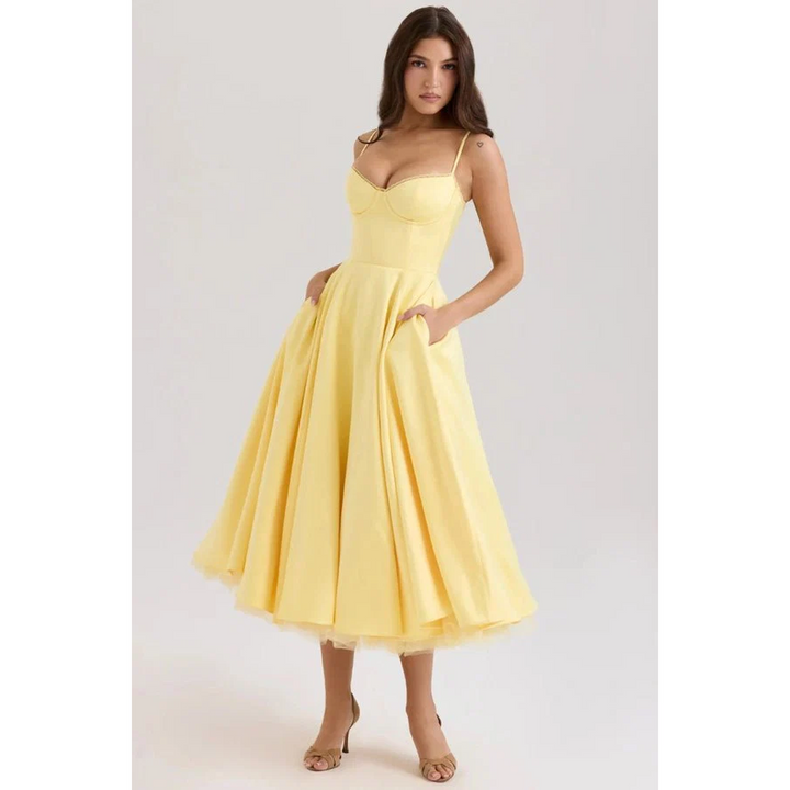 Women Corset Midi Dress Pleated Skirt