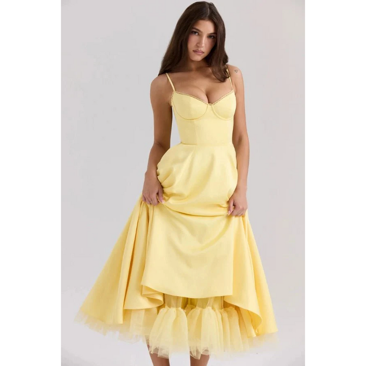 Women Corset Midi Dress Pleated Skirt
