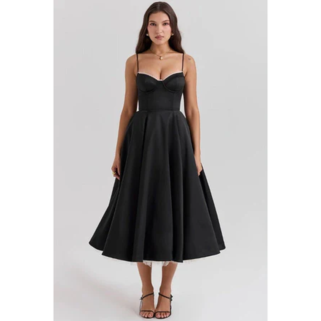 Women Corset Midi Dress Pleated Skirt