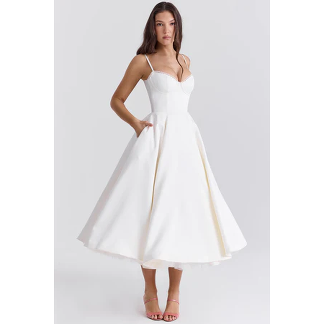 Women Corset Midi Dress Pleated Skirt