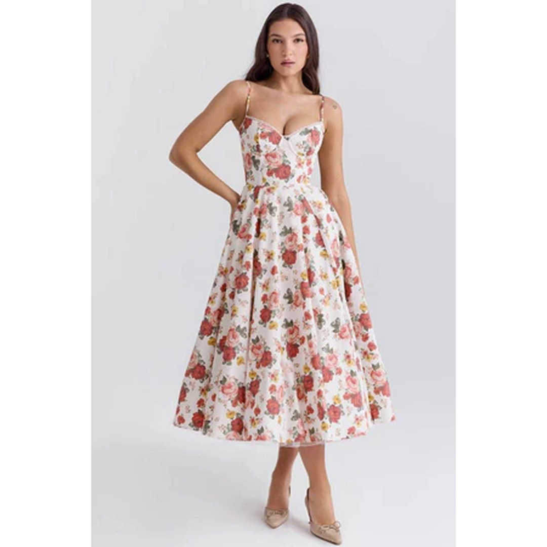 Women Corset Midi Dress Pleated Skirt