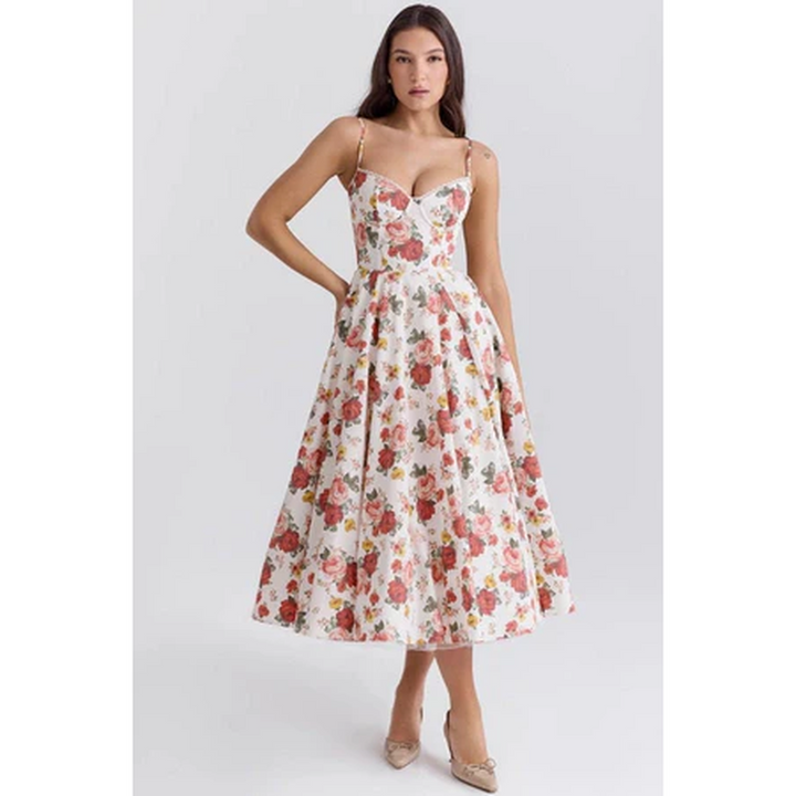 Women Corset Midi Dress Pleated Skirt
