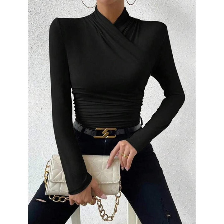 Women Cross-Over Collar Ruched Long Sleeve Top