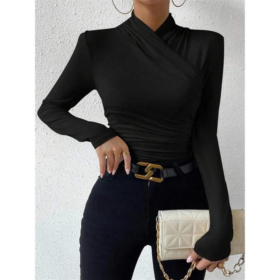 Women Cross-Over Collar Ruched Long Sleeve Top