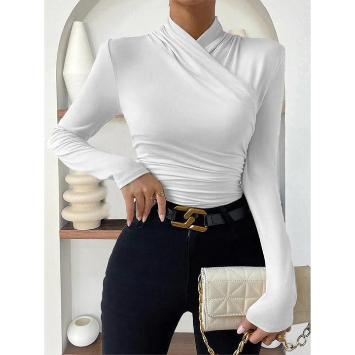 Women Cross-Over Collar Ruched Long Sleeve Top