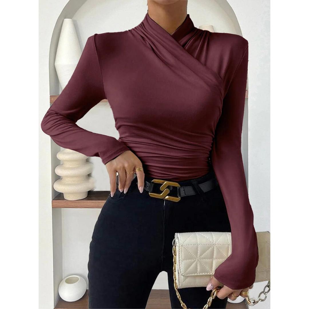 Women Cross-Over Collar Ruched Long Sleeve Top