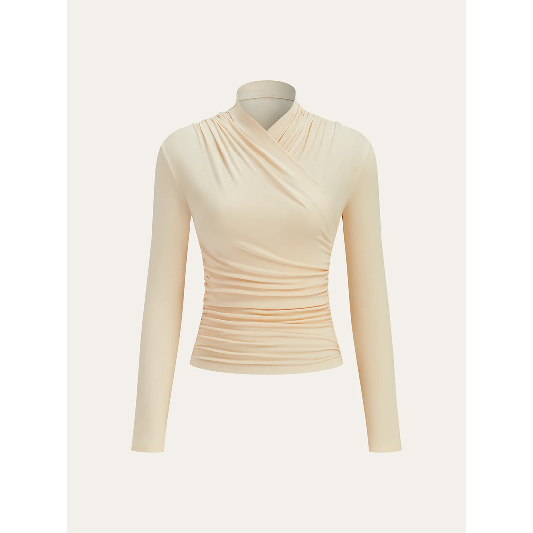 Women Cross-Over Collar Ruched Long Sleeve Top