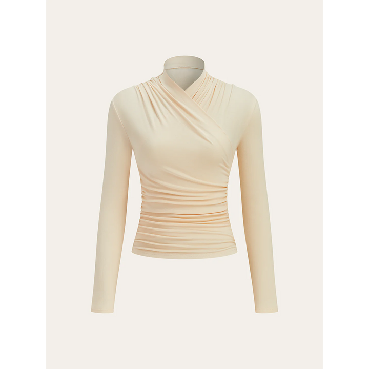 Women Cross-Over Collar Ruched Long Sleeve Top