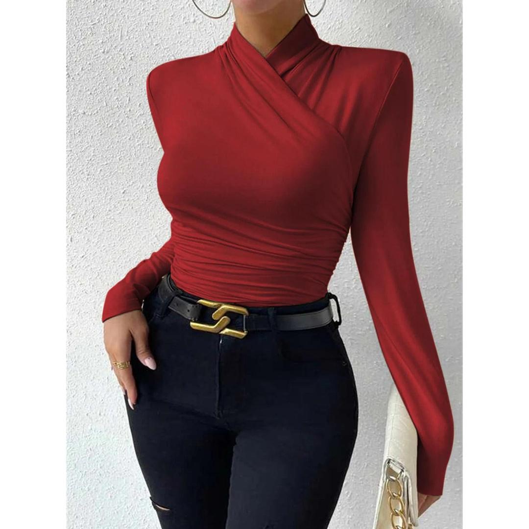 Women Cross-Over Collar Ruched Long Sleeve Top