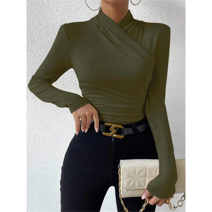 Women Cross-Over Collar Ruched Long Sleeve Top