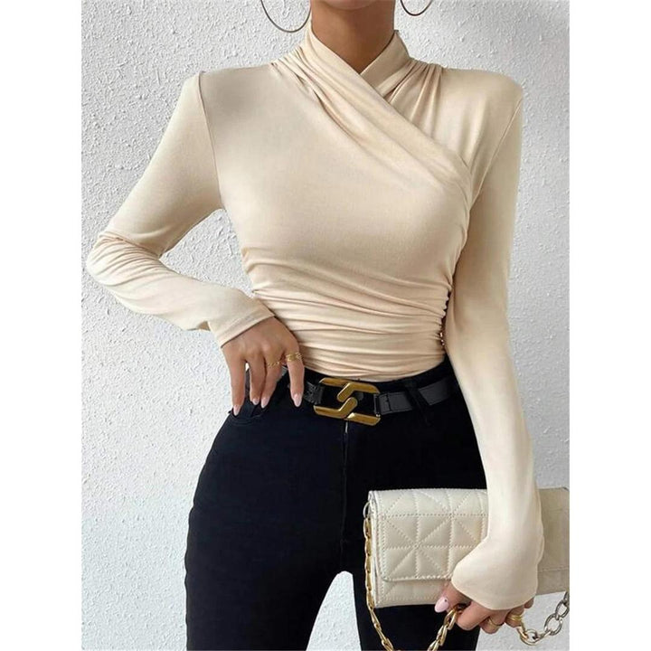 Women Cross-Over Collar Ruched Long Sleeve Top