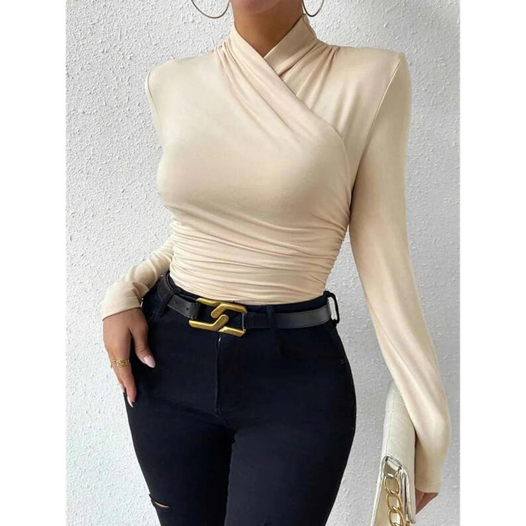 Women Cross-Over Collar Ruched Long Sleeve Top